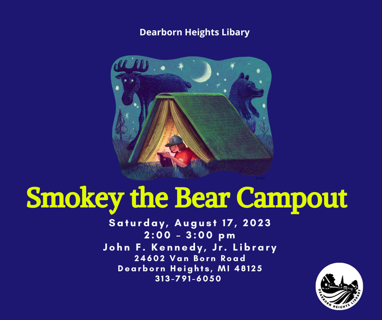Image of campsite with bear, tent, child and text.