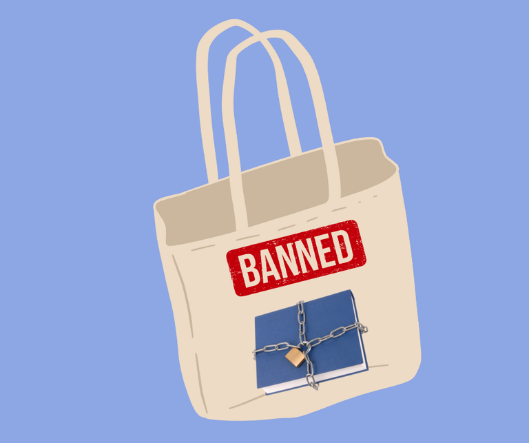 Image of canvas bag with banned and book with chain.