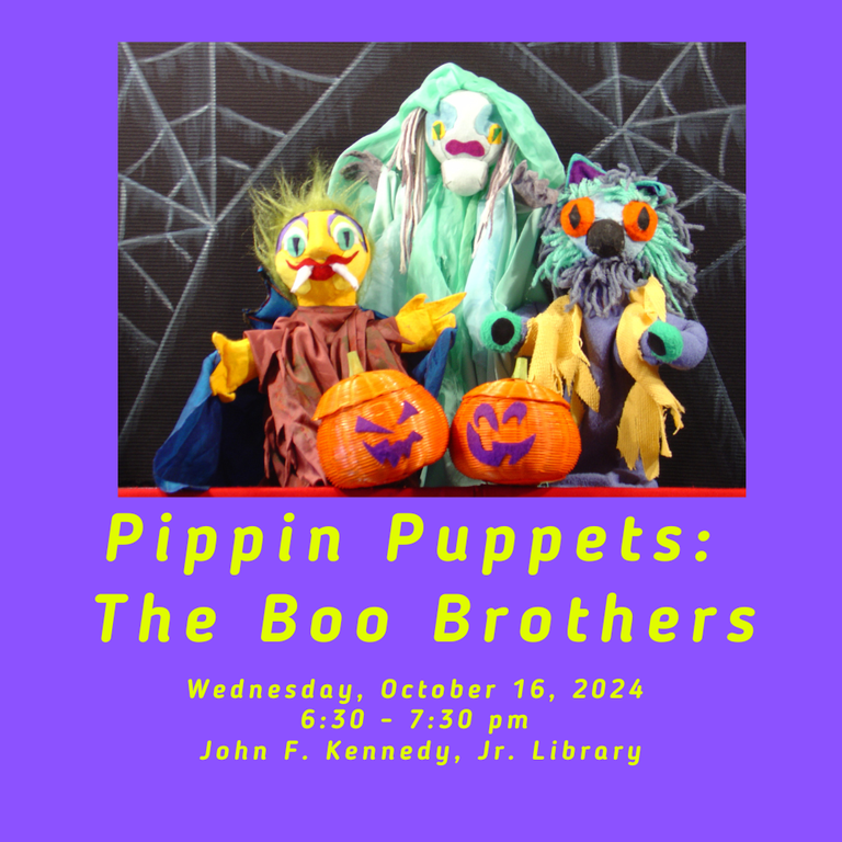 Image of witch and two ghost puppets with text.